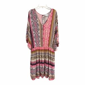 VENUS Size Large Boho Pink Paisley V-Neck Dress